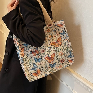 Large butterfly jacquard tote bag with beige cotton straps for casual daily use