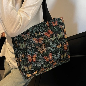 Large butterfly jacquard tote bag with stylish tapestry fabric and wide shoulder straps