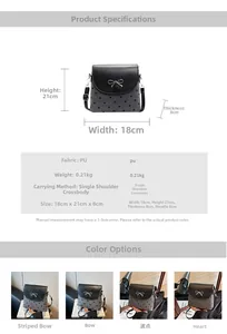 Detailed size chart for stylish PU leather bow bag measuring 18x21x8cm in various patterns