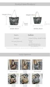 Size chart showing dimensions for large and small floral pattern canvas tote bags