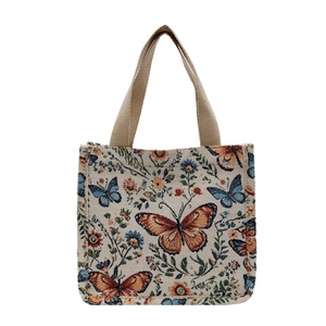 Large beige jacquard tote bag with colorful butterfly and floral patterns for women