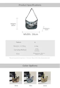 Size diagram and specifications for a floral canvas tote bag with color options