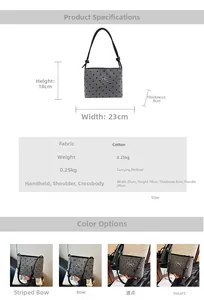 Detailed view of polka dot canvas bag showing silver bow hardware and dimensions