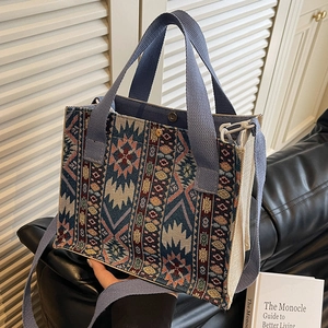 Bohemian Ethnic Pattern Cotton Linen Woven Tote Bag For Women Fashion Geometric Shoulder Crossbody Handbag With Adjustable Strap