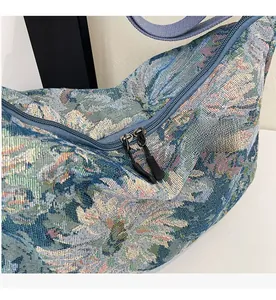 Detail of smooth dual metal zippers on jacquard floral tote bag with woven texture
