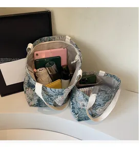 Detailed view of two jacquard tote bags showcasing large capacity with everyday items