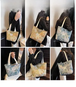 Collage of tote bags showing oil painting floral patterns and carry styles on a model