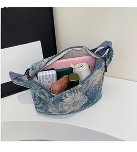 Macro shot of large capacity floral tote bag interior showing ample storage space