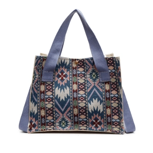 Ethnic woven tote bag with bohemian pattern and adjustable shoulder straps