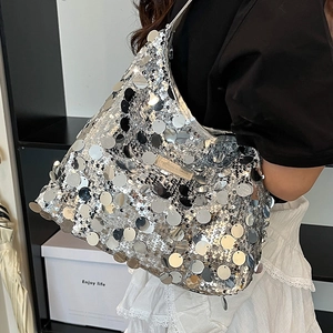 Women Fashion Shiny Large Sequin Tote Bag Niche Design Shoulder Underarm Bag Metallic Hobo Purse For Casual Party Daily