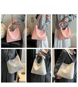 Detailed multi-angle view of large capacity faux leather tote bags in pink and cream