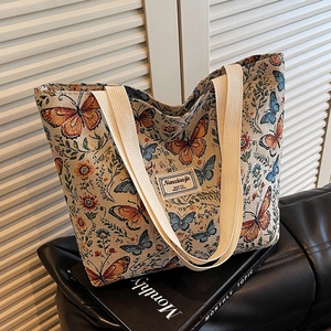 Retro Butterfly Floral Jacquard Tote Bag For Women Large Capacity Canvas Shoulder Bag Vintage Artistic Literary Versatile Handbag