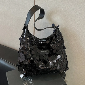 Trendy black sequin tote bag for women with wide shoulder strap and brand plaque