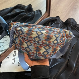 Vintage Ethnic Canvas Geometric Jacquard Chest Bag Bohemian Waist Pack Braided Rope Zipper Pull Casual Travel Crossbody Bag