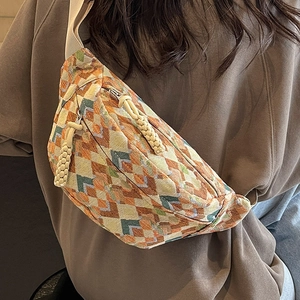 Vintage geometric pattern crossbody chest bag for women with adjustable strap and woven zippers