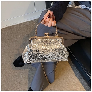 Detailed view of sequins evening bag with vintage metal frame and round top handle