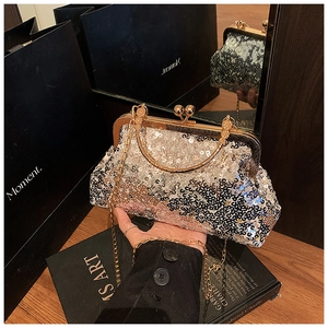 Detail of vintage sequin clutch bag with gold metallic frame and thin chain strap