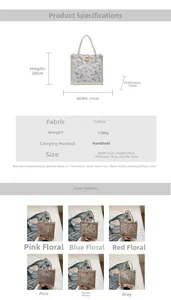 Detail of floral canvas handbag with wooden button closure and size measurements