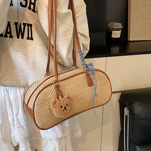 Women Fashion Straw Woven Shoulder Bag Cylinder Handbag With Bear Pendant Ribbon Bow Sweet Casual Summer Tote Bag