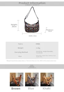 Detail view of Bohemian canvas tote bag showing dimensions 30cm and 0.14kg weight