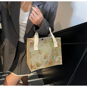 Artistic floral jacquard tote bag with vintage oil painting texture and woven strap