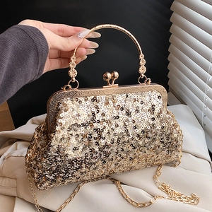 Vintage Sequin Evening Bag For Women With Metal Handle Luxurious Wedding Party Kiss-Lock Clutch Chain Shoulder Handbag