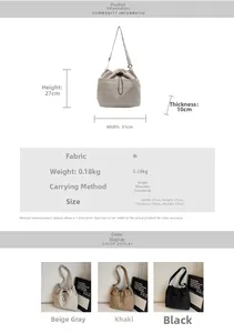 Size chart showing large drawstring bucket bag dimensions 31x27x10cm and specifications