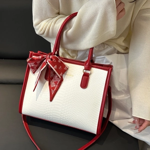 Luxury High End Commute Tote Bag Women Snakeskin Embossed PU Leather Shoulder Bag With Silk Scarf Decor Crossbody Handbag