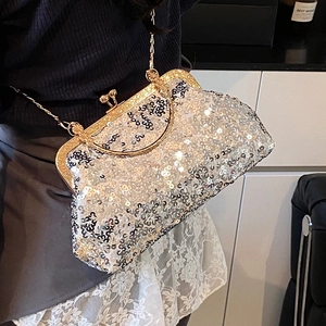 Elegant silver sequin evening clutch bag with gold chain and vintage metal clasp