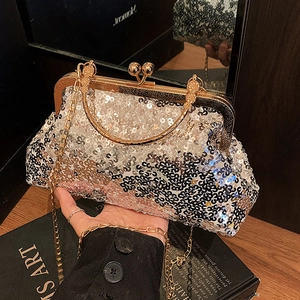 Elegant wave pattern sequin evening clutch bag with gold metallic clasp and chain strap