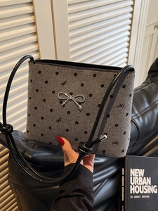 Women Fashion PU Shoulder Bag Sweet Polka Dot Heart Print Handbag With Bow Metal Buckle Knotted Strap Casual Tote Bag