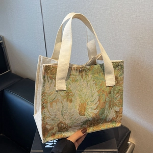 Monet style floral embroidery canvas tote bag with woven handles and metal button