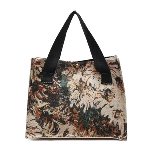 Vintage floral embroidery cotton linen tote bag with jacquard patterns and top handles