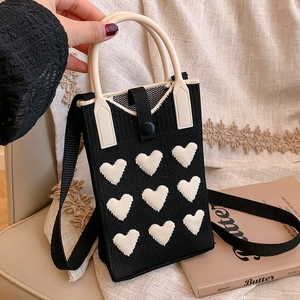 Women Knitted Heart Pattern Mobile Phone Bag Cotton Woven Crossbody Shoulder Bag Small Handbag Fashion Casual Purse
