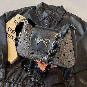 Vintage PU Leather Heart Polka Dot Bow Shoulder Bag For Women Fashion Underarm Bag With Floral Chain Strap Contrast Patchwork Bag