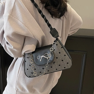 Vintage grey wool crossbody bag with black polka dots and silver bow buckle for women