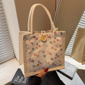 Women Sweet Floral Lace Handbag 2025 New Fashion Small Square Tote Bag For Work Office Gift Bento Bag PU Leather With Wooden Button