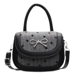 Black bow shoulder bag with gray polka dot texture and silver bow detail for women