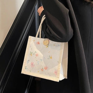 Elegant floral lace handbag with wooden button and cotton rope handles for women