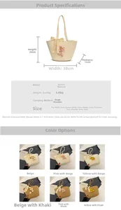 Detailed size chart and multi-color options for woven tote bag with lace flowers