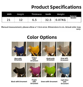 Detailed size chart for the quilted shoulder bag featuring various color options