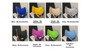 Detail view of quilted shoulder bags in 8 vibrant colors with golden chain accents
