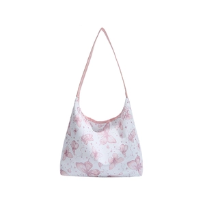 Borsa tote bianca minimalista con farfalle rosa e tracolla in tessuto morbido