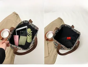 Ethnic style canvas tote bag showing large capacity with tablet and daily essentials