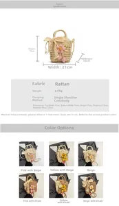 Detailed size chart and multi-color selection for handmade woven straw crossbody bag