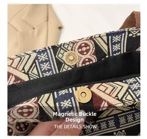 Detail view of ethnic tote bag showing magnetic buckle closure and woven texture