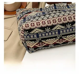 Detailed close-up showing precision stitching on ethnic geometric pattern woven tote bag