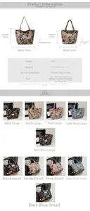 Detailed size chart and multi-color comparison for large canvas tote bag with measurements