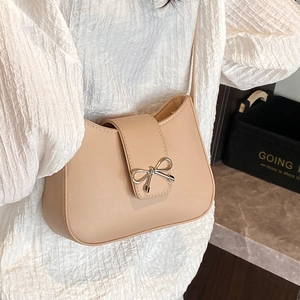 Women's Fashion Minimalist PU Leather Underarm Bag Trendy Bowknot Metal Decor Shoulder Bag For Commute Daily Baguette Bag