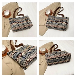 Detailed multi-angle views of geometric ethnic print canvas tote bag with woven handles